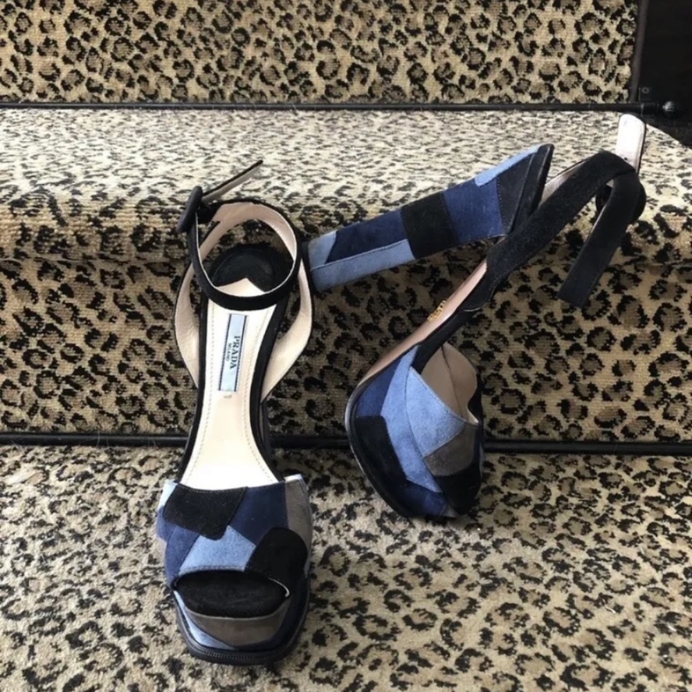 Prada Blue Suede Patchwork Platform Heels 37